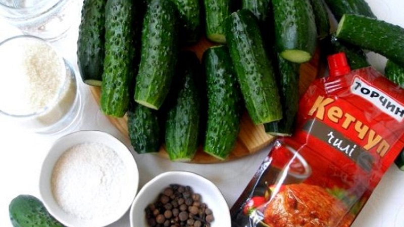 Awesome recipes for cucumbers for the winter with chili ketchup in liter jars